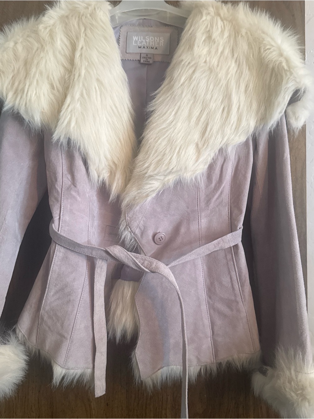 Wilsons Leather Dusty Lavender Real Suede Jacket with Cream Faux-Fur Trim